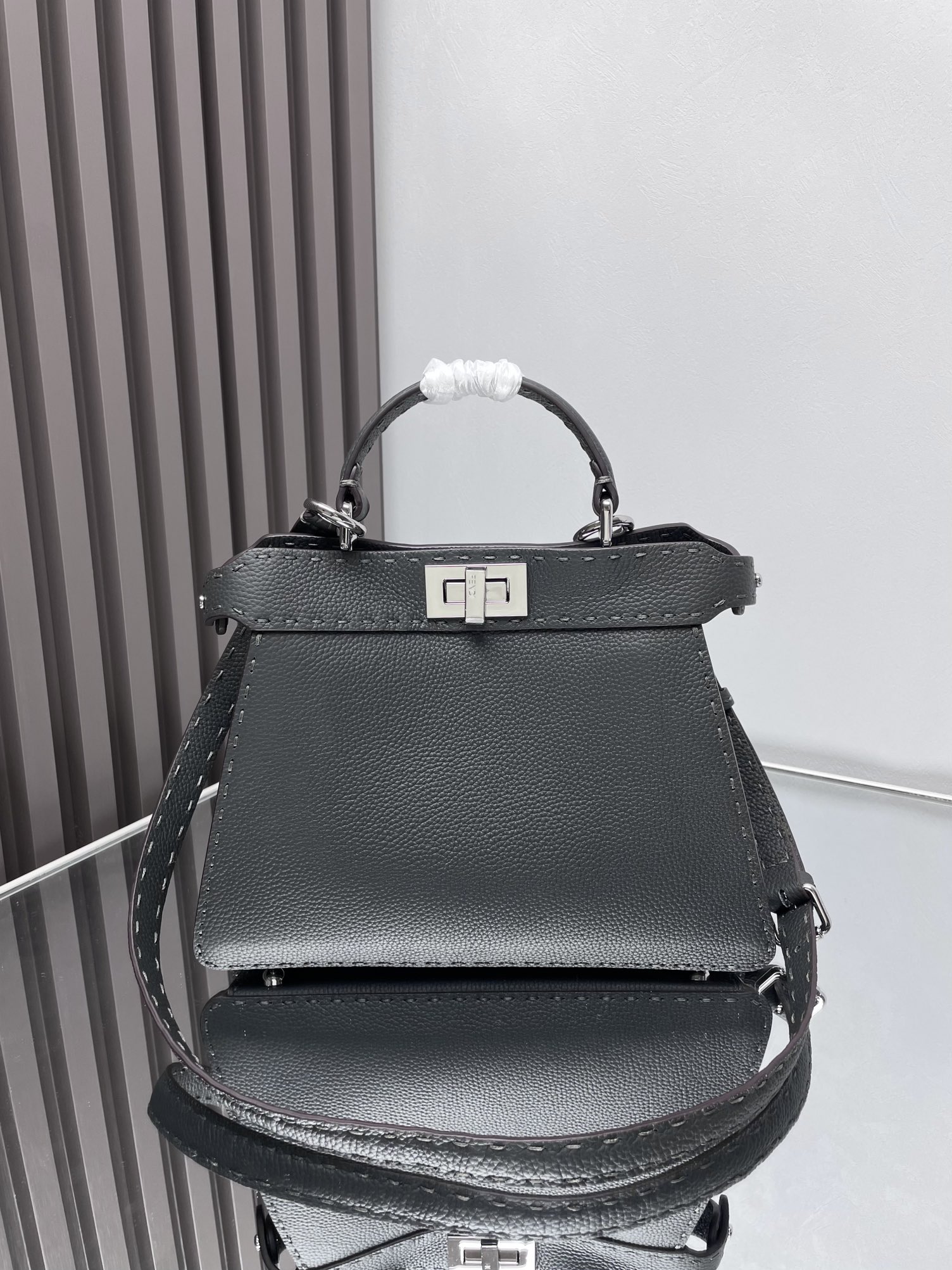 Fendi Peekaboo ISeeU Small Dark Grey Selleria Bag with 1254 Hand-sewn Topstitches